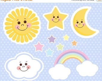 80% OFF Sun Baby Vector Illustrations, Clouds, Rainbow, Stars, Moon, Set, Clip Arts