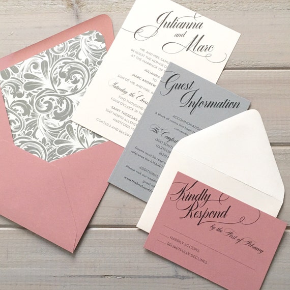 Dusty Rose Gray and Pale Pink Wedding Invitations with Floral