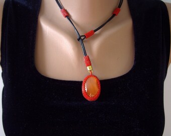 Red and black necklace Leather lariat necklace Black leather necklace Carnelian necklace Mom gifts Red necklace For sister Womens jewelry