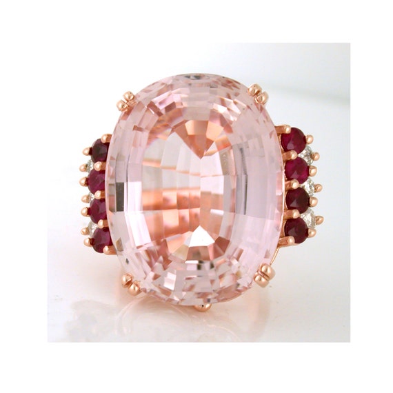 Kunzite 64.95ct with Ruby and Diamond Ring 14k Rose Gold Custom Made. Jewelry to the Stars. Joan Crawford