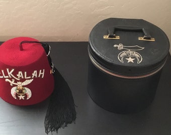 1940's Near Mint Men's Felt Shriner Masonic Freemason Fez Hat With Original Leather Carrying Case Size 7 1/8 ~ Masonic Salt Lake City Utah ~