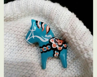 Dala horse inspired pin Scandinavian brooch Hand painted jewelry Swedish horse