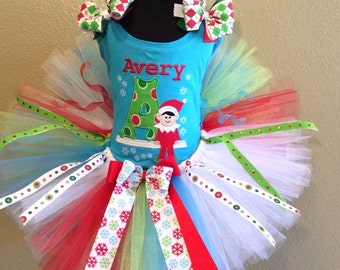 Elf On The Shelf Christmas Tree Tutu , Top, Tutu and Bow On Headband Ages 1-6, Toddler, Big Girl Sizes 6m-6yr - Elf On The Shelf