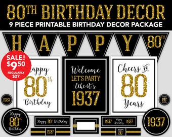 Happy Birthday Decor - 80th Birthday - 1937 Gold Glitter Design - Printable Birthday Party Decorations - Instant Download