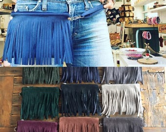 Fringe hip bag, beltpack, fringe fanny pack, little Clutch boheme in suede with adjustable strap, hip pack : gift idea