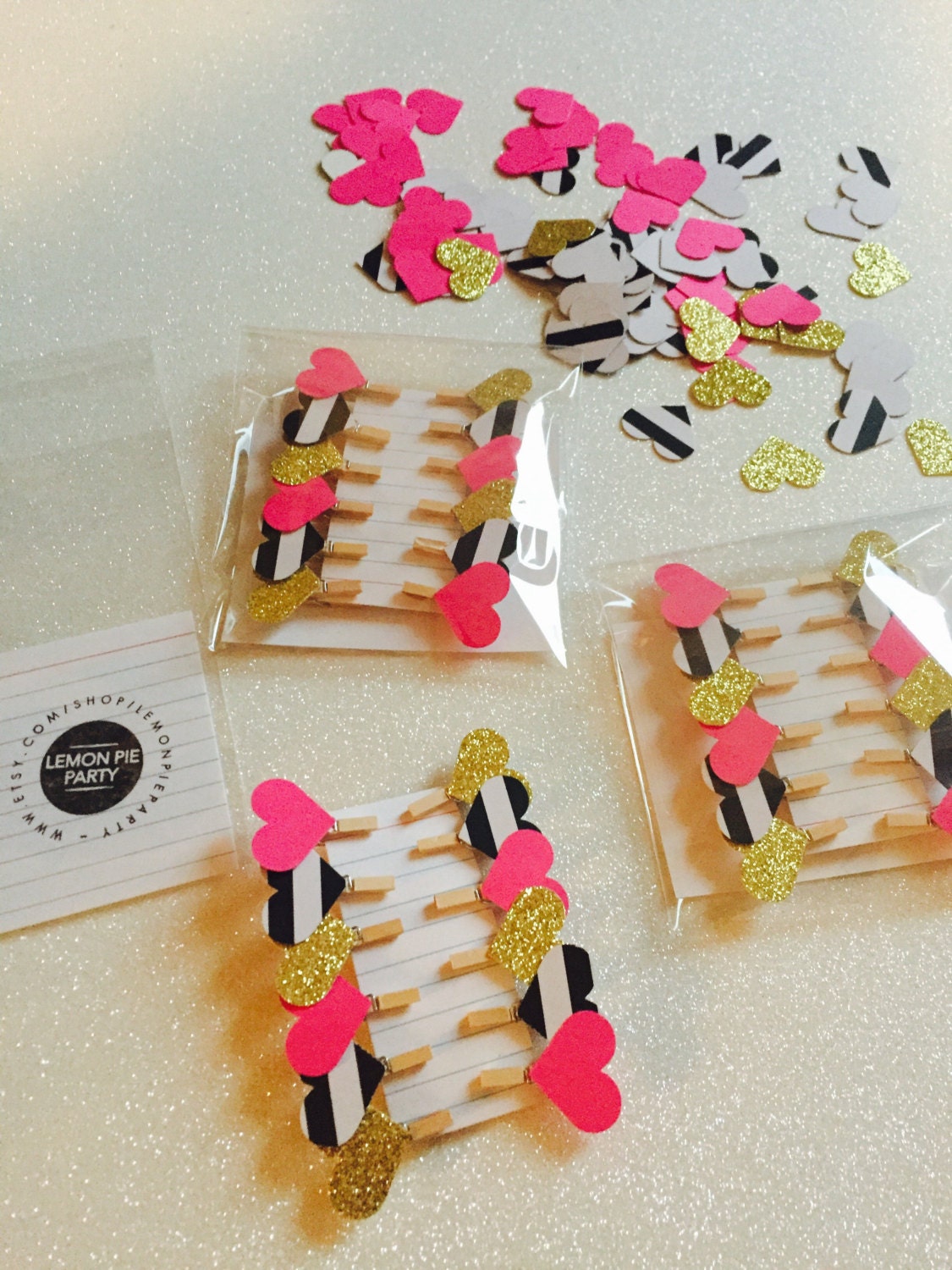 Heart Shaped Mini Clothespin Pink Gold glitter Black and