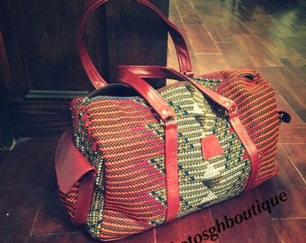 African wax Print Leather Travel Bag