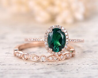 6x8mm Oval Emerald Ring Set Milgrain Wedding Band Bridal Wedding Ring Set 14k Rose Gold Emerald Engagement Ring Set,Diamond HALO,Milgrain