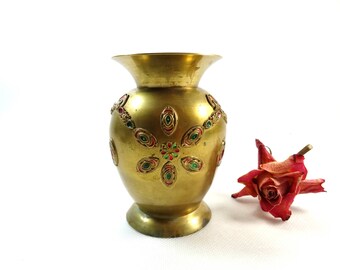 Brass Vase - Indian Flowerpot with Faux Gemstones - Brass Flower Vase - Vintage Boho Vase - Bohemian Decor - Indian style vase - Brass decor