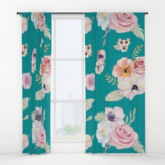 Window Curtains Watercolor Floral I Teal Turquoise Pink