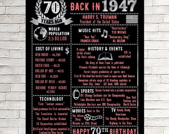 70th Birthday Chalkboard 1947 Poster 70 Years Ago in 1947 Born in 1947 70th Birthday Gift 1947 Birthday Poster, Personalized 70th Birthday