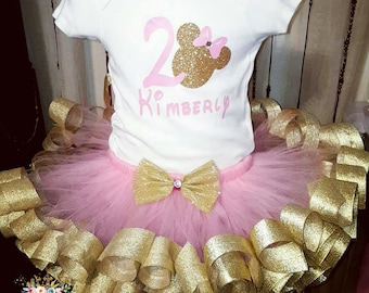 Minnie Inspired Gold and Pink Ribbon Trim Tutu Set || 2nd birthday || available for any birthday || minnie mouse || gold and pink || custom