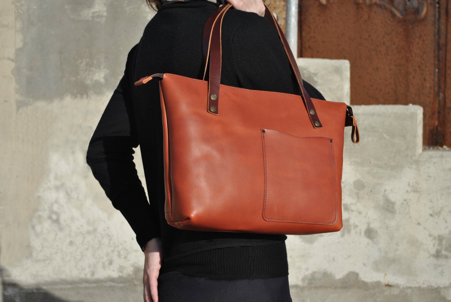 Small leather tote bag YKK zipper tote leather handbag bag