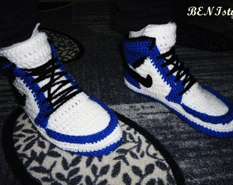 Nike Air Jordan1, Crochet Men's Shoes, Blue Nike Air Jordan, Crochet Home Shoes, Home Slippers, Men's Crochet Adult Shoes, Nike Men's Shoes