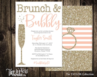 Peach Brunch and Bubbly Bridal Shower Invitation - Gold Glitter Brunch & Bubbly Invitation - Silver Bridal Shower - TAYLOR Collection