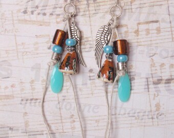Hippie Earrings, Gypsy Earrings, Angel Wing, Turquoise Bohemian Boho, Ceramic Bell, Glass Beads, Summer Jewelry, Dangle Earrings