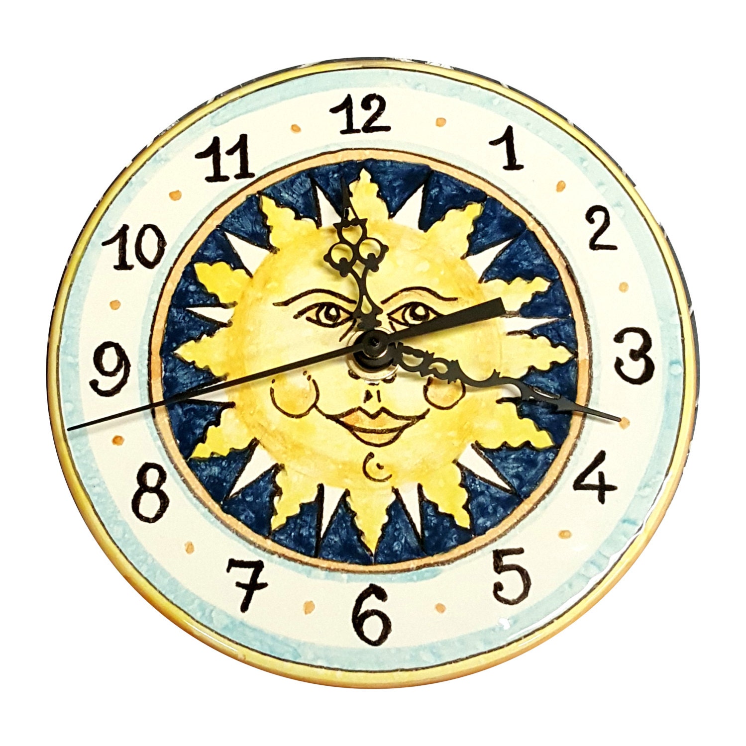 Italian Ceramic Wall Clock Decorated Sun Hand Painted Made in