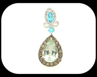 Simon Golub 14K White Gold Green Amethyst, Blue Topaz, Smoky Quartz & Diamond PENDANT
