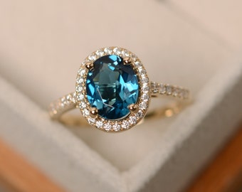 London blue topaz ring, yellow gold ring, halo engagement ring, 14k gold