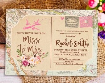 traveling from miss to mrs invitation, Miss to Mrs Bridal Shower Invitation, postcard invitation, travel themed bridal shower invitation