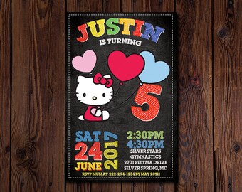 Hello Kitty Invitation, Hello Kitty Birthday Party, Cartoon, Cat Kitty, Personalized, Printable, Chalkboard,Digital File,Birthday Invitation