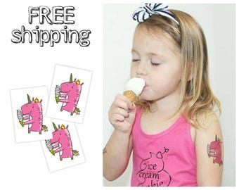 Set of 3 temporary tatts "Eating ice cream unicorn". Tatts for kids. Skin-safe and non-toxic. TT054