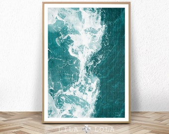 Coastal Wall Art Print, Teal, Turquoise Blue and White Abstract, Ocean Water, Waves, Beach Decor, Digital Download, Large Printable Poster
