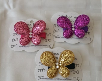 Butterfly Glitter Hair Bows - Kids Hair Bows - Baby Hair Clips - Girls Hair Accessory - Toddler Hair Bows - Hand Made Ribbon