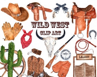 ON SALE 30% Watercolor Western Clipart: "COWBOY Clipart" Skull clipart Boho Clipart Cowboy Hat Cowboy Boots Gun Cowboy decor Wild West Weddi