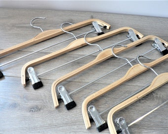 Vintage Bent Wood Skirt Pant Hangers Lot of 5 Set of 5 Clip Hangers Closet Wood Clothes Hangers