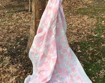 Pink, White and Floral Patchwork Quilt Top