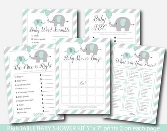 Elephant baby shower games package in mint green and grey, Mint green baby shower activity pack, Boy baby shower game, Baby games, BE6-01