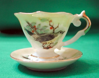 Vintage Miniature Cup and Saucer, Little Bird