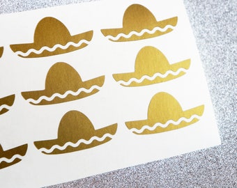 35 Sombrero Hat Stickers, Mexican Party Theme, Gold Invitation Seals, Mexican Sombrero Decal, Gold Stickers Nursery Wall Decor, Texas Party