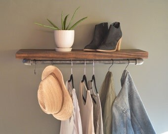 Clothing Display Rack With Floating Shelf, Industrial Retail Fixture, Retail Display, Farmhouse Style Clothing Organization, Wall Fixture