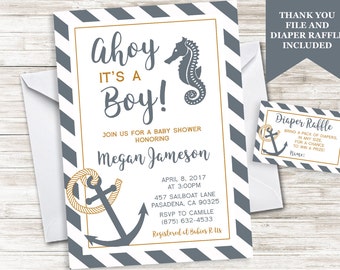 Rustic Nautical Baby Shower Invitation Ahoy Boy Denim Blue Anchor Seahorse Invite Sprinkle 5x7 Digital Personalized