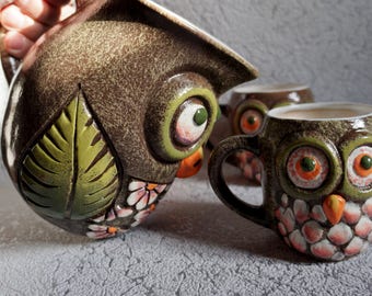 Pitcher with mugs Owls Drinking cups Children mug Owl Gift for kids Bird cup Cute mug Whimsical pottery Mothers day gift Pottery pitcher set