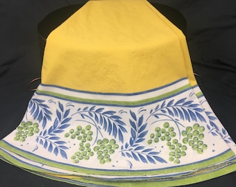 Oval Tablecloth, Yellow Blue, Vintage Tablecloth, Olives and Branches, Bright Yellow, French Style, Homespun Cotton, 1950 - 60's, 32 x 65