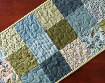 Aqua Quilted Table Runner, Aqua Teal Green Table Runner, Plush, Handmade Table Runner, Teal Table Topper, Moda, Quilted Green Table Runner