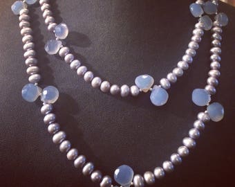 Opera Length Silver Pearls & Blue Chalcedony.