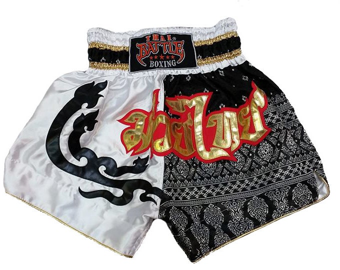 Thai Battle Boxing Shorts Martial Arts - Black/White