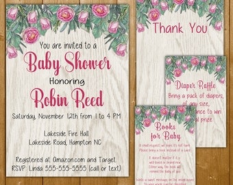 Roses Baby Shower Invitation Set, Pink Roses, Diaper Raffle, Books for Baby, Thank You Note, Girl Baby Shower Invitation