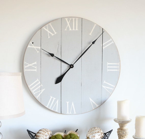 Light grey wooden clock. Vintage wall clock. Valspar radiance