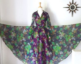1970s hostess gown, semi sheer floral maxi dress