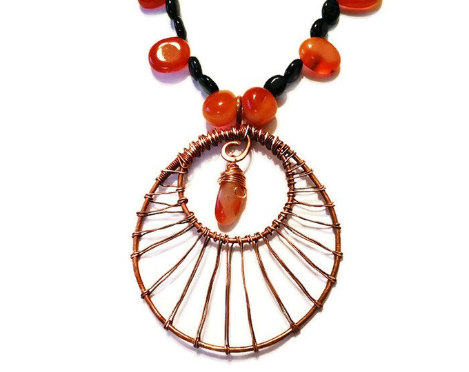 Black and Orange Fire Agate Copper Necklace, Copper Pendant Gemstone Necklace, Grounding Gemstone, Sacral Chakra Necklace, N016