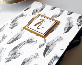 Large hand made personalised notebook/journal, in my 'Mono Luxe' feather design, personalised initial in rustic gold