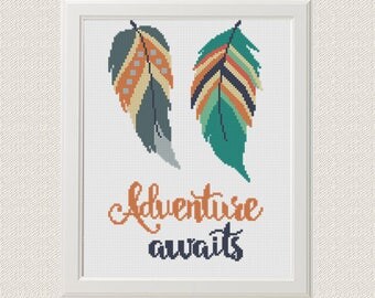 Adventure Awaits quotes Cross Stitch Pattern Feathers Cross Stitch modern Instant Download