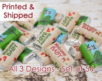 Woodland Animal Baby Shower, Woodland Creatures Baby Shower, Outdoor Theme Baby Shower -Stickers for Hershey Miniature Bars (Set of 54)