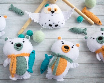 Baby mobile Polar bear mobile Baby shower gift White nursery decor Polar owl mobile Felt animals Baby room decor Woodland theme Newborn gift