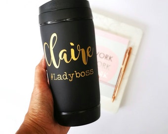 Custom hashtag travel mug, personalised coffee or tea mug, thank you gifts for coworkers, unique tumbler, travel cup, office mug